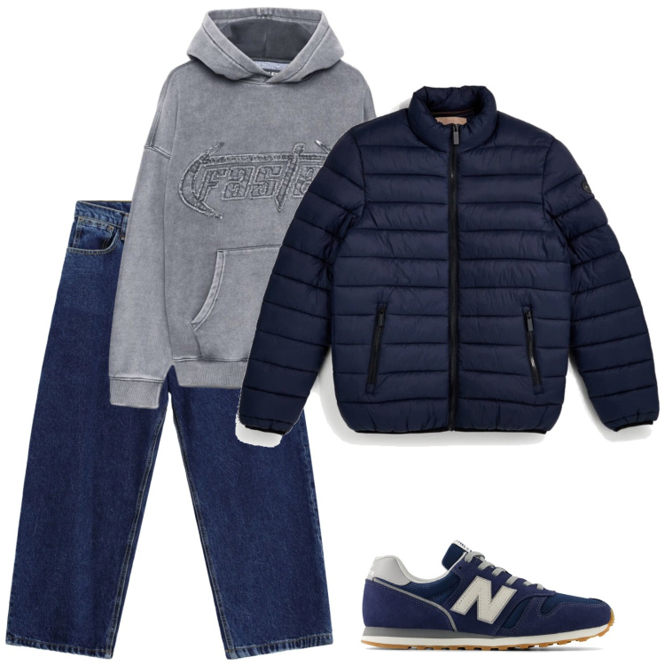 Outfit uomo - Sabato sera in centro (teens). Stile Casual per Tutti i giorni. Abbinamento con jeans, felpe con cappuccio, sneakers, piumini.