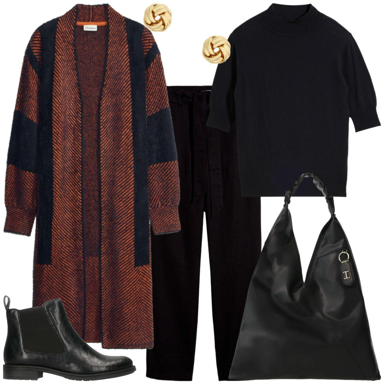 Outfit donna - Tessuti avvolgenti ad ottobre-@mikytwins. Stile Casual chic per Tutti i giorni. Abbinamento con borse a spalla, orecchini, cardigans, pantaloni, stivaletti, t-shirt.
