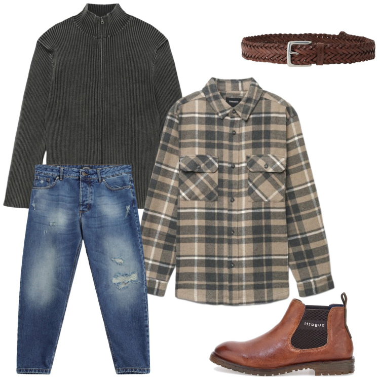 Outfit uomo - Total look #2490045. Stile Casual per Tutti i giorni. Abbinamento con jeans strappati, cinture, camicie, cardigans, stivali e stivaletti.