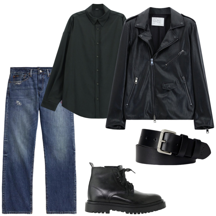 Outfit uomo - Un bel ragazzo. Stile Trendy per Serata speciale. Abbinamento con giacche, camicie, anfibi, cinture, jeans dritti.
