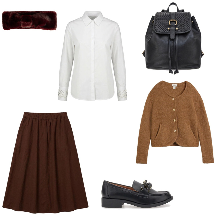 Outfit donna - Total look #2490049. Stile Preppy per Scuola/Università. Abbinamento con gonne longuette, cardigans, camicie, accessori per capelli, mocassini, zaini.