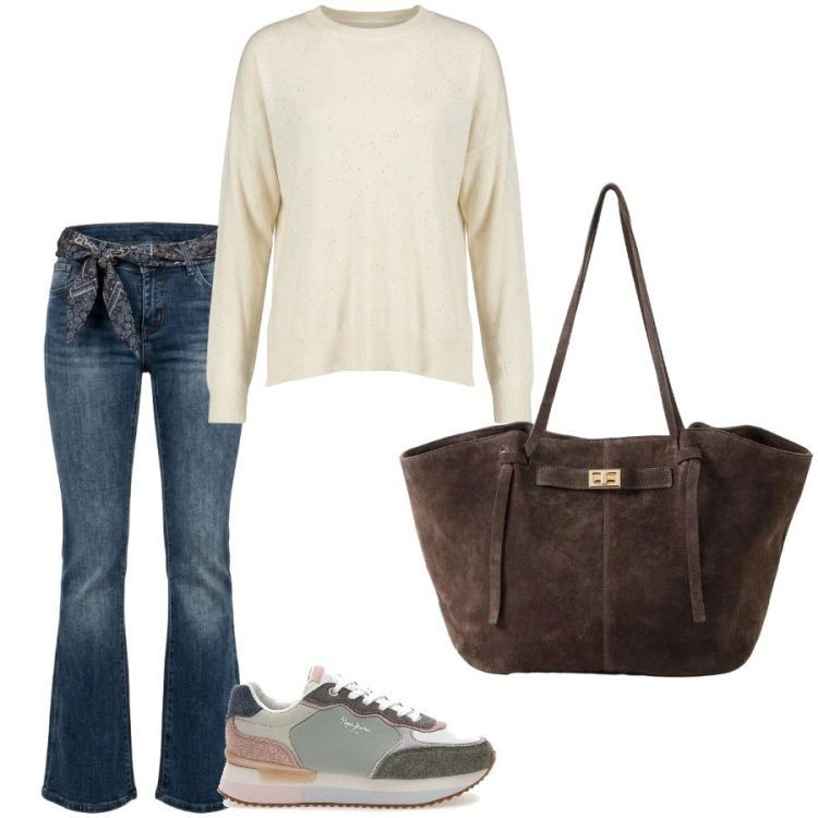 Outfit donna - Total look #2490051. Stile Casual per Tutti i giorni. Abbinamento con shopping bag, maglieria, jeans, sneakers.