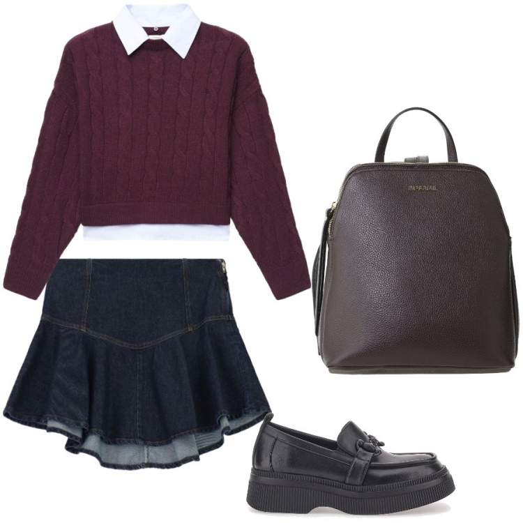 Outfit donna - Total look #2490054. Stile Preppy per Scuola/Università. Abbinamento con maglieria, zaini, minigonne, mocassini.