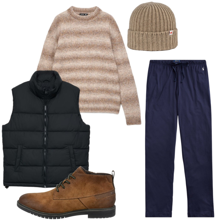 Outfit uomo - Total look #2490055. Stile Casual per Tutti i giorni. Abbinamento con pantaloni, berretti, piumini, maglieria, scarpe stringate.