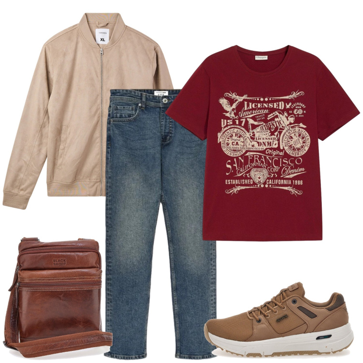 Outfit uomo - Total look #2490057. Stile Casual per Tutti i giorni. Abbinamento con bomber, jeans, sneakers, borse sportive, t-shirt.