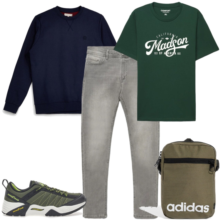 Outfit uomo - Total look #2490059. Stile Casual per Tutti i giorni. Abbinamento con jeans skinny, t-shirt, sneakers, borse sportive, felpe.