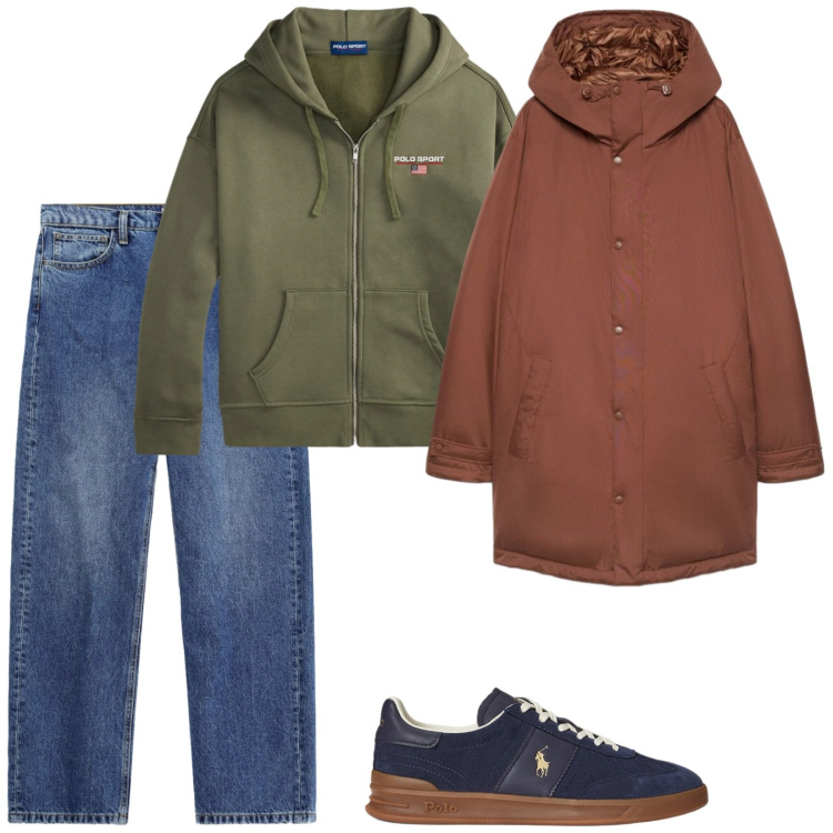 Outfit uomo - Casual griffato. Stile Casual per Tutti i giorni. Abbinamento con jeans, felpe con cappuccio, sneakers, parka.