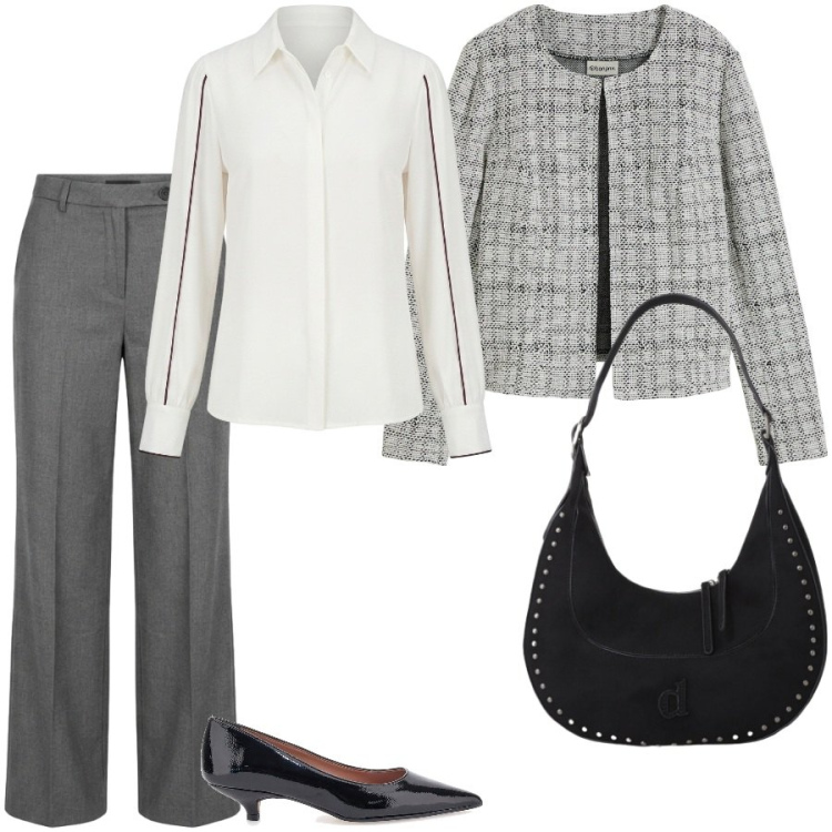 Outfit donna - Total look #2490062. Stile Chic per Serata fuori. Abbinamento con cardigans, borse a spalla, camicie, pantaloni a palazzo, décolleté.