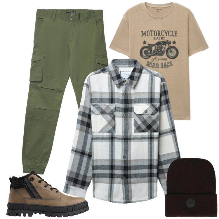 Outfit uomo - Total look #2490064. Stile Casual per Tutti i giorni. Abbinamento con berretti, cappotti, pantaloni cargo, t-shirt, stivali e stivaletti.