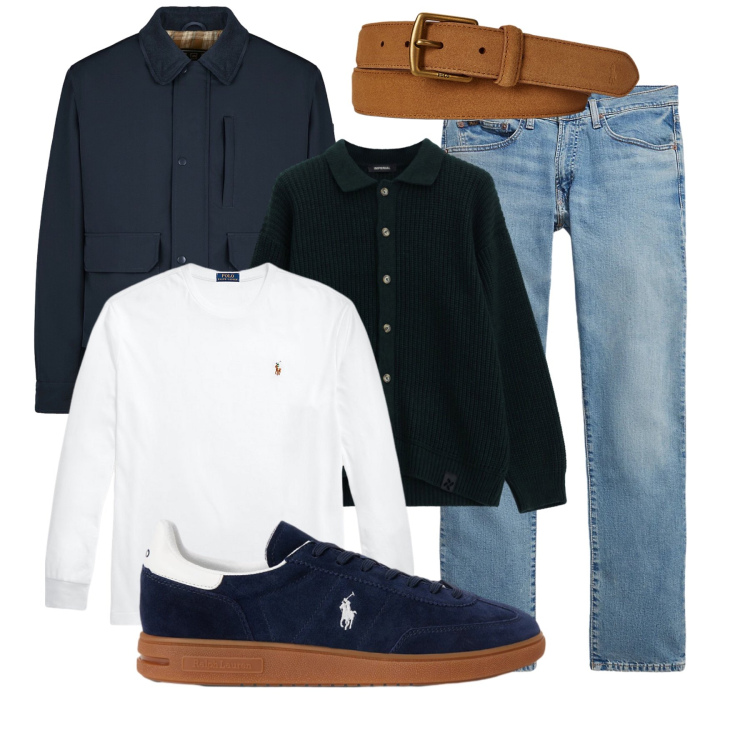 Outfit uomo - Ufficio casual. Stile Casual per Tutti i giorni. Abbinamento con cardigans, t-shirt, cinture, jeans, sneakers, piumini.