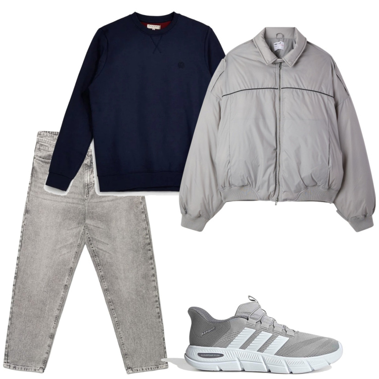 Outfit uomo - Blu and grey. Stile Casual per Tutti i giorni. Abbinamento con jeans, bomber, sneakers, felpe.