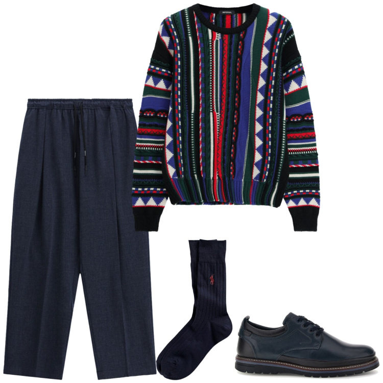Outfit uomo - Il pull protagonista. Stile Trendy per Serata speciale. Abbinamento con maglieria, pantaloni, calzini, scarpe stringate.