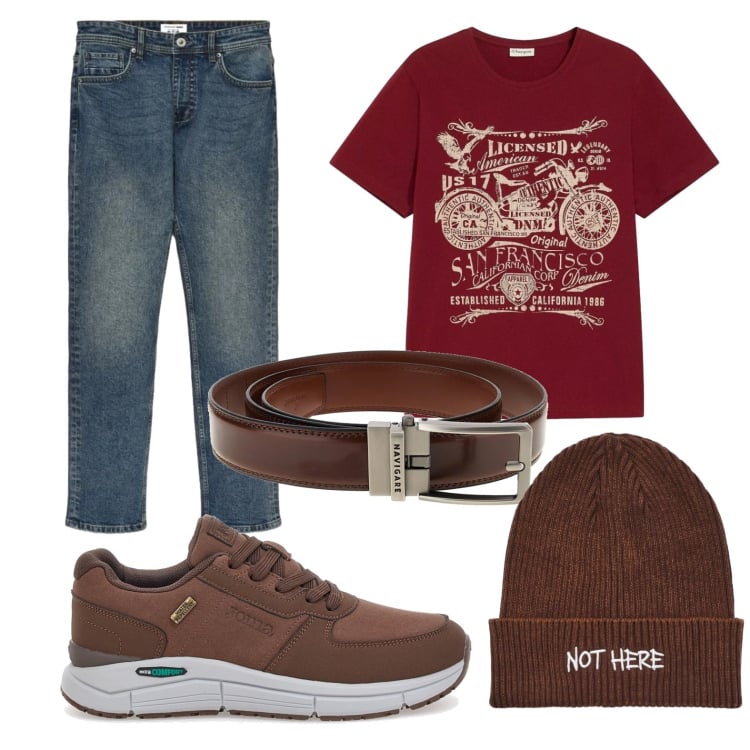 Outfit uomo - Uscita. Stile Casual per Tutti i giorni. Abbinamento con jeans, berretti, sneakers, t-shirt, cinture.
