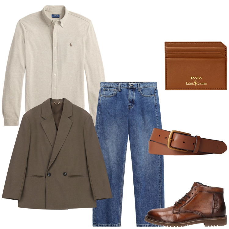 Outfit uomo - Total look #2490087. Stile Trendy per Serata speciale. Abbinamento con giacche, jeans, cinture, portafogli, camicie, stivali e stivaletti.