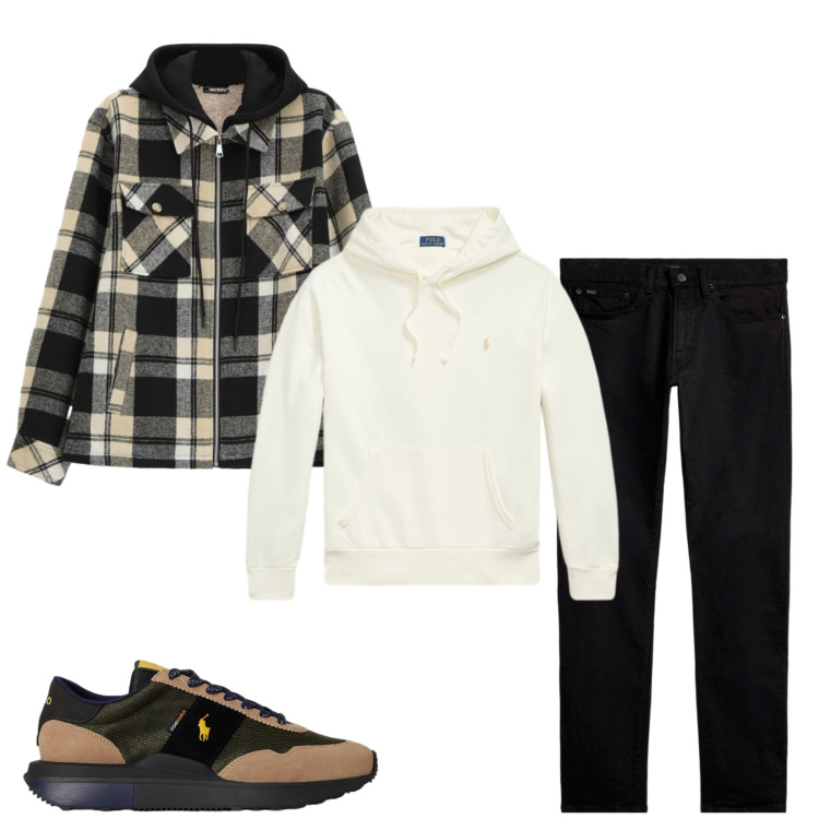 Outfit uomo - Total look #2490090. Stile Trendy per Tutti i giorni. Abbinamento con cappotti, jeans, sneakers, felpe con cappuccio.