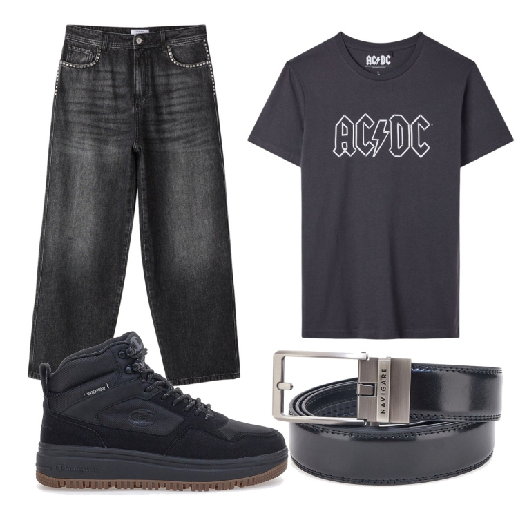 Outfit uomo - Total black. Stile Casual per Tutti i giorni. Abbinamento con jeans, t-shirt, sneakers, cinture.