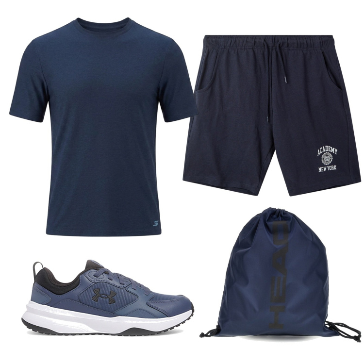 Outfit uomo - Sport. Stile Casual per Sport. Abbinamento con pantaloncini sportivi, scarpe sportive, t-shirt, borse sportive.