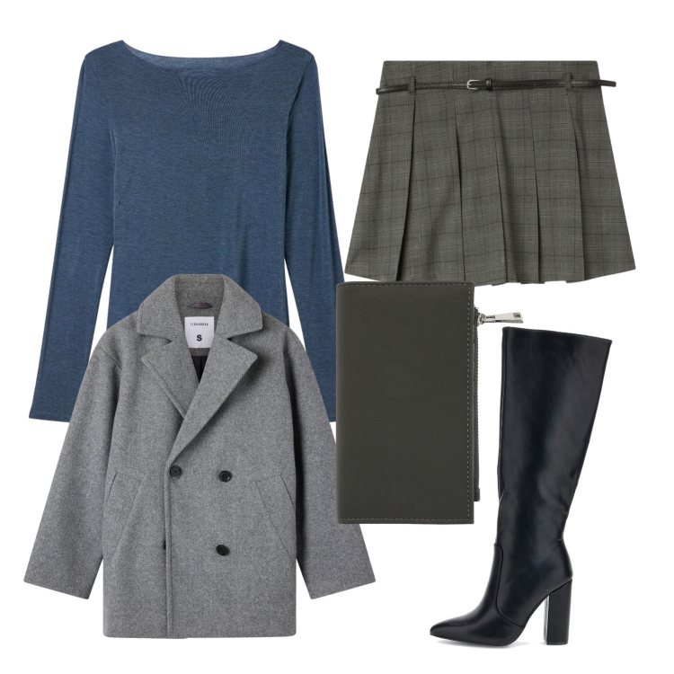 Outfit donna - TASM1. Stile Casual chic per Tutti i giorni. Abbinamento con t-shirt, caban, minigonne, portafogli, stivali sopra il ginocchio.