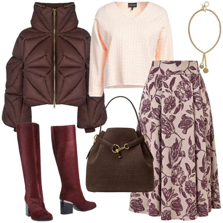 Outfit donna - Gonna protagonista. Stile Casual chic per Tutti i giorni. Abbinamento con borse a secchiello, ciondoli, gonne longuette, piumini, pullovers, stivali.