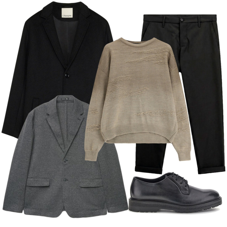 Outfit uomo - Minimal. Stile Business/Elegante per Ufficio. Abbinamento con maglieria, pantaloni, giacche, cappotti, scarpe stringate.