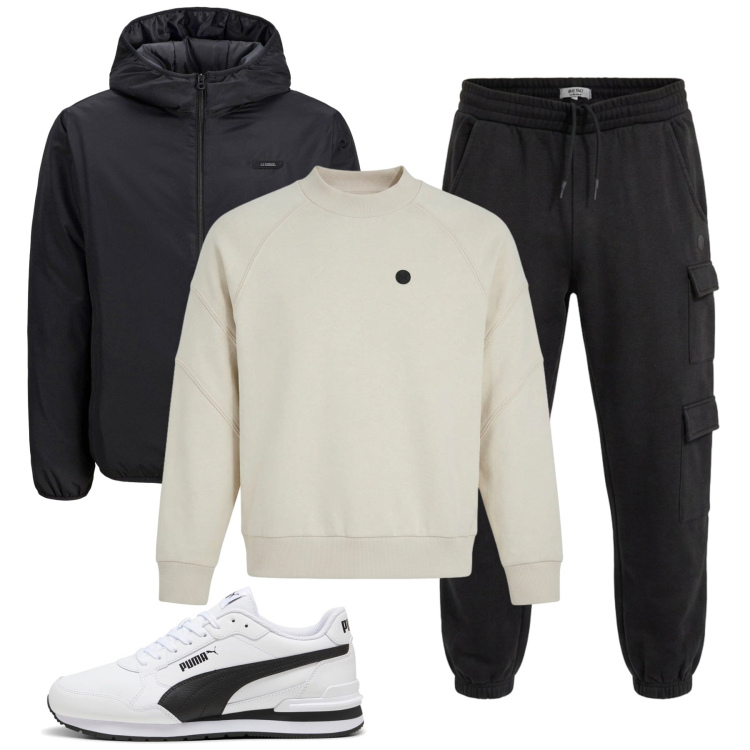 Outfit uomo - Run Ready: energy boost in Black. Stile Trendy per Tutti i giorni. Abbinamento con giacche, felpe, sneakers, pantaloni cargo.