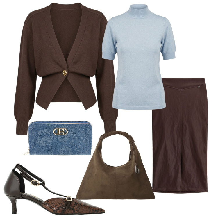 Outfit donna - Smart layering strategy. Stile Casual chic per Ufficio. Abbinamento con décolleté, gonne longuette, borse a spalla, maglieria, cardigans, portafogli.