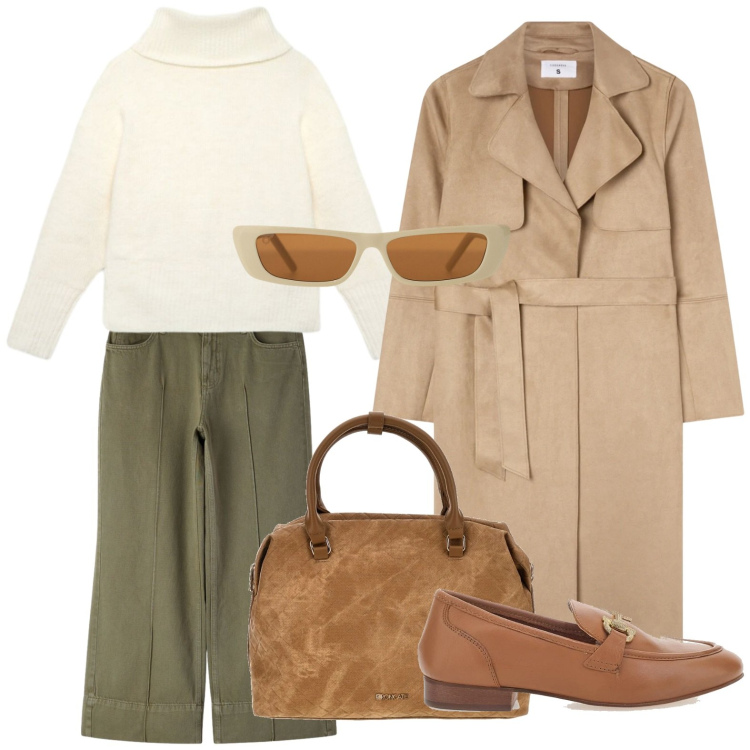 Outfit donna - Trench oversize:. Stile Trendy per Ufficio. Abbinamento con occhiali da sole, trench, pantaloni, pullovers, mocassini, borse a tracolla.