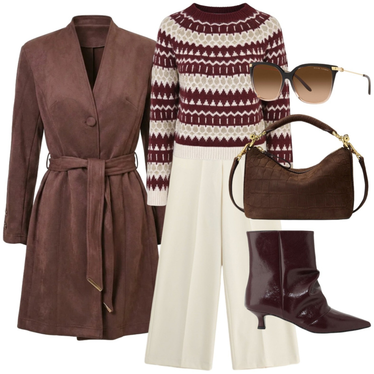 Outfit donna - Trench oversize. Stile Urban per Tutti i giorni. Abbinamento con pantaloni a palazzo, borse a spalla, occhiali da sole, trench, maglieria, stivaletti.