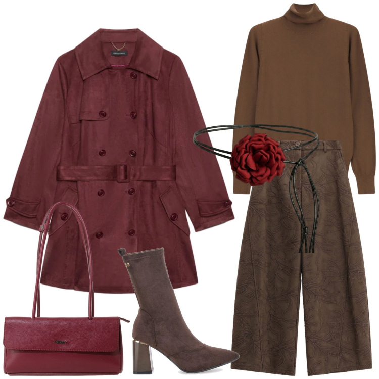 Outfit donna - Mid Season Sale. Stile Trendy per Ufficio. Abbinamento con pantaloni a palazzo, trench, pullovers, borse a spalla, cinture, stivaletti.