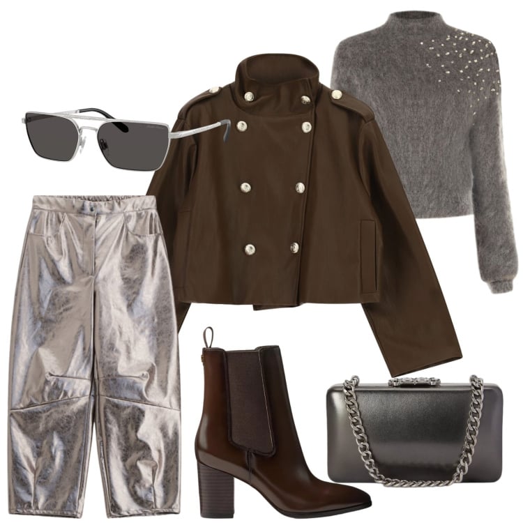 Outfit donna - Mid Season Sale. Stile Glamour per Serata fuori. Abbinamento con pantaloni, trench, maglieria, occhiali da sole, stivaletti, clutch.