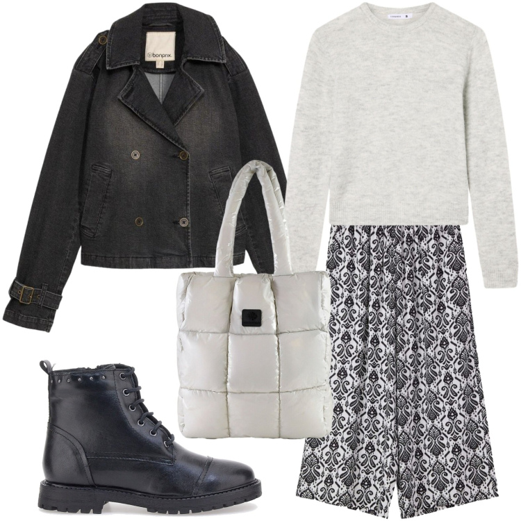 Outfit donna - Trench in denim. Stile Etnico per Tutti i giorni. Abbinamento con shopping bag, pantaloni a palazzo, maglieria, anfibi, trench.