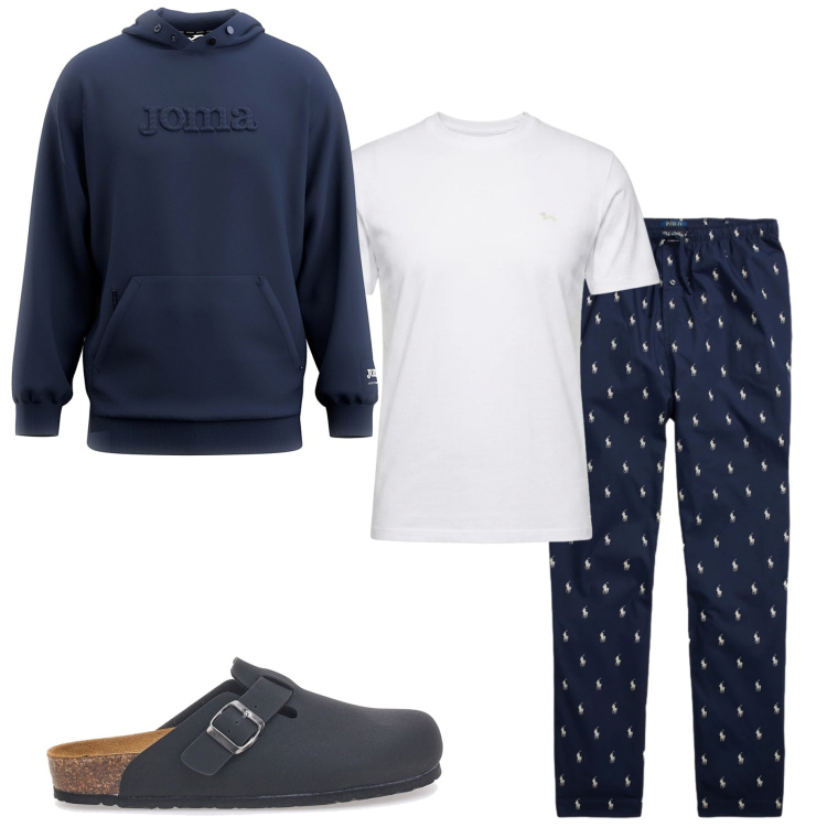 Outfit uomo - Domenica mattina. Stile Casual per Tutti i giorni. Abbinamento con t-shirt, pantaloni, felpe con cappuccio, sandali.