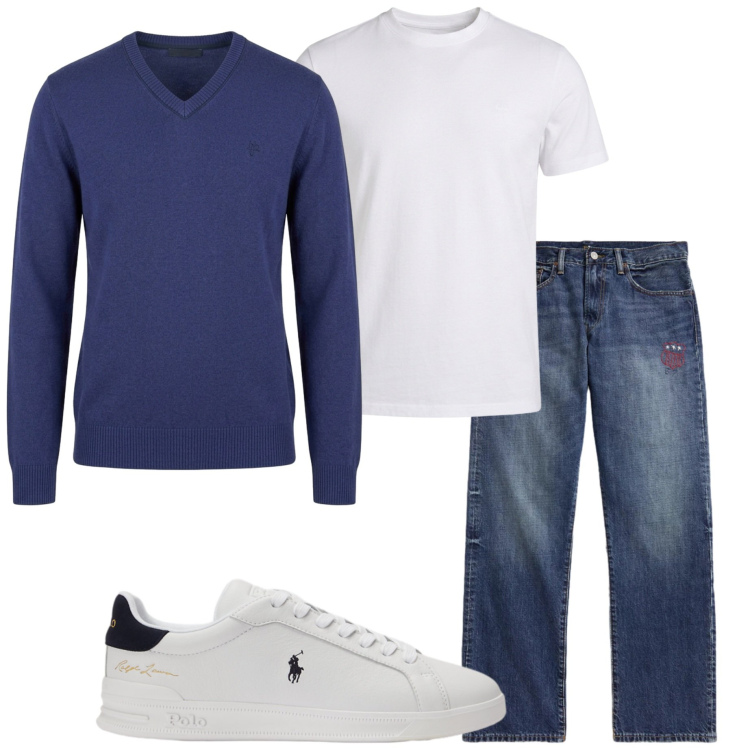 Outfit uomo - Basic style. Stile Casual per Tutti i giorni. Abbinamento con t-shirt, maglieria, sneakers, jeans dritti.