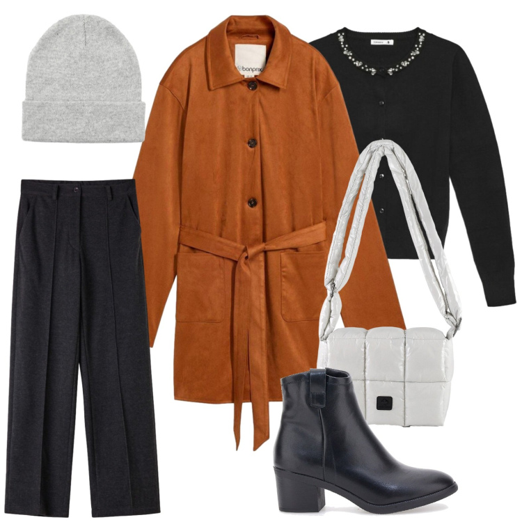 Outfit donna - Giaccone scamosciato. Stile Urban per Tutti i giorni. Abbinamento con borse a spalla, cardigans, pantaloni, berretti, trench, stivaletti.