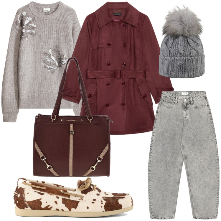 Outfit donna - Trench soft touch. Stile Glamour per Scuola/Università. Abbinamento con trench, berretti, jeans, mocassini, maglieria, borse a spalla.