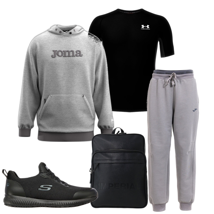 Outfit uomo - Allenamento settimanale. Stile Casual per Sport. Abbinamento con borse sportive, felpe con cappuccio, pantaloni sportivi, t-shirt, sneakers.