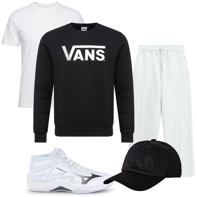 Outfit uomo - Relax. Stile Casual per Tutti i giorni. Abbinamento con t-shirt, cappelli con visiera, pantaloni, felpe, scarpe sportive.