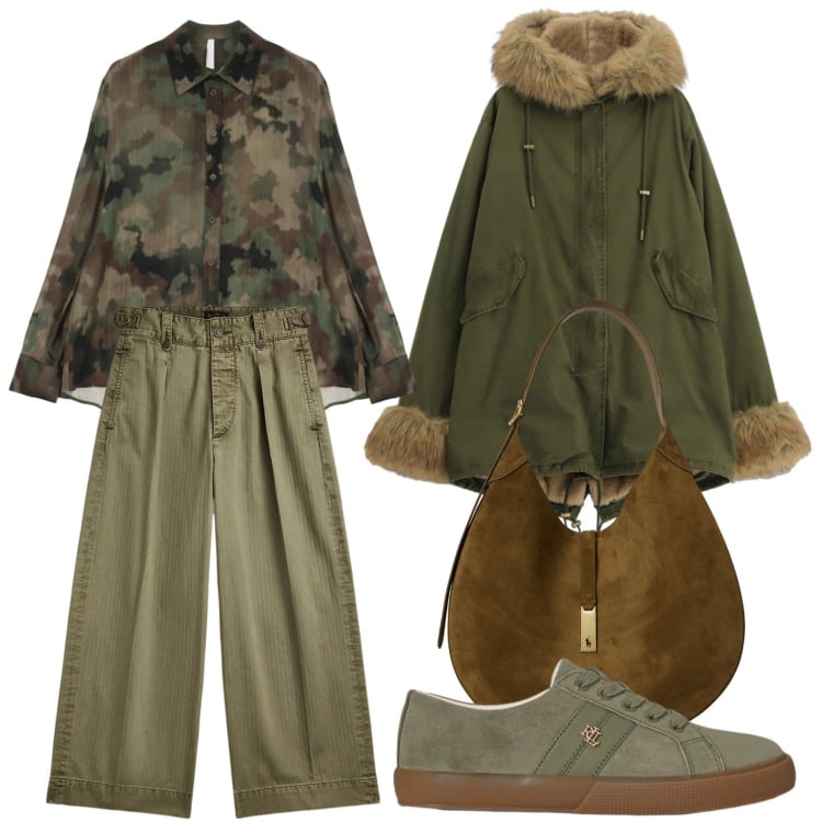Outfit donna - Parka con pelliccia. Stile Urban per Tutti i giorni. Abbinamento con camicie, parka, sneakers, pantaloni, borse a spalla.