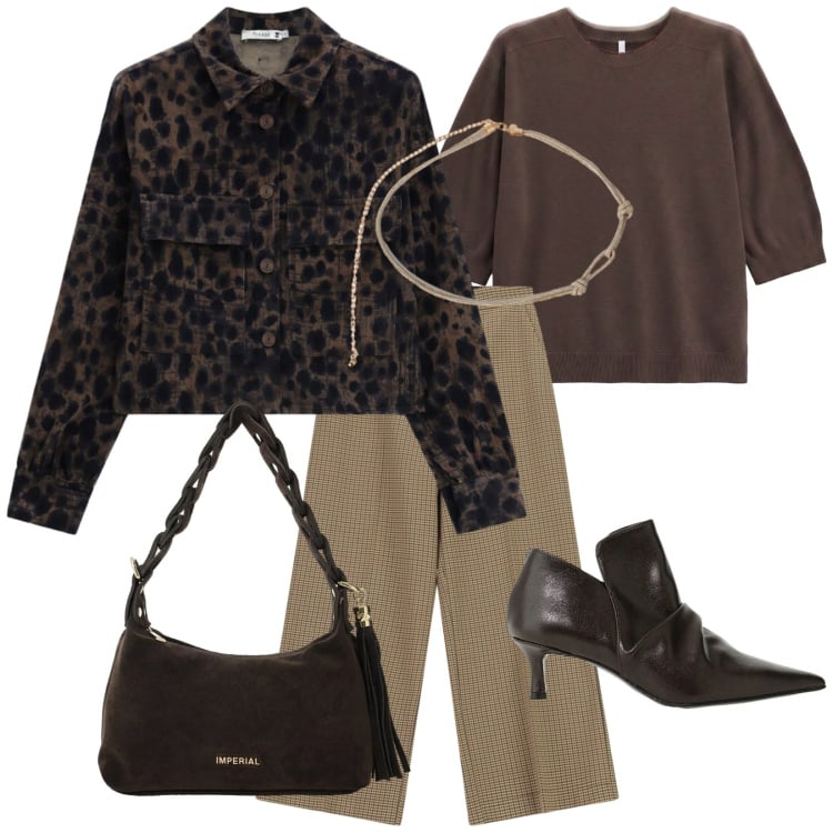 Outfit donna - Marrone office. Stile Vintage retrò per Ufficio. Abbinamento con cinture, stivaletti, pantaloni a palazzo, borse a spalla, maglieria, cappotti.