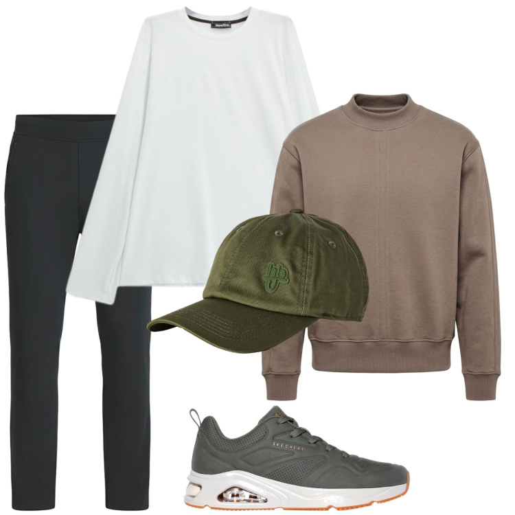 Outfit uomo - Total look #2490198. Stile Casual per Tutti i giorni. Abbinamento con felpe, t-shirt, cappelli con visiera, sneakers, pantaloni.