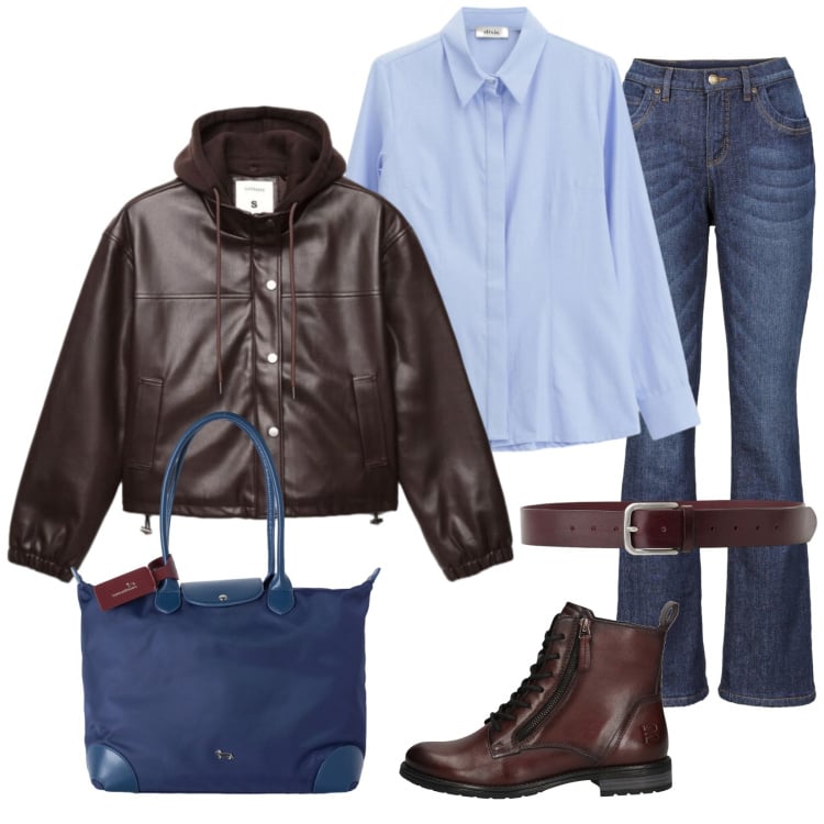 Outfit donna - La mezza stagione. Stile Trendy per Tutti i giorni. Abbinamento con shopping bag, camicie, cinture, bomber, stivaletti, jeans bootcut.