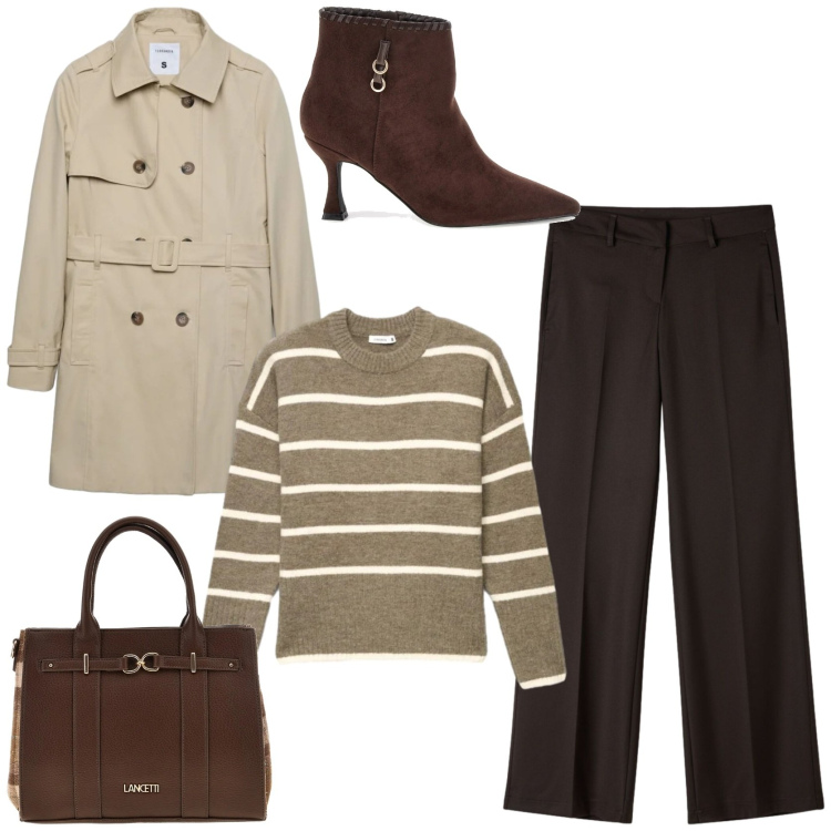 Outfit donna - Un trench nel guardaroba. Stile Casual chic per Tutti i giorni. Abbinamento con pantaloni, trench, pullovers, stivaletti, borse a tracolla.