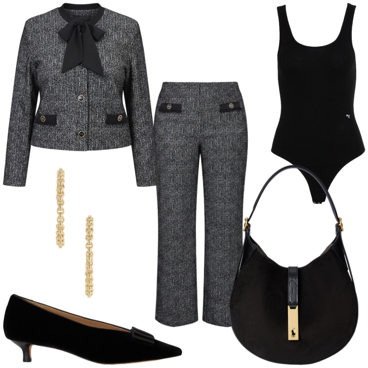 Outfit donna - Elegante. Stile Chic per Tutti i giorni. Abbinamento con borse a spalla, décolleté, orecchini, pantaloni, blazer, body.