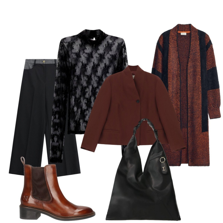 Outfit donna - Smart layering. Stile Casual chic per Tutti i giorni. Abbinamento con t-shirt, pantaloni a palazzo, borse a spalla, blazer, stivaletti chelsea, cardigans.