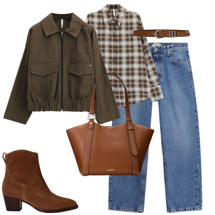 Outfit donna - City. Stile Casual chic per Tutti i giorni. Abbinamento con bomber, camicie, stivaletti, cinture, borse tote, jeans dritti.