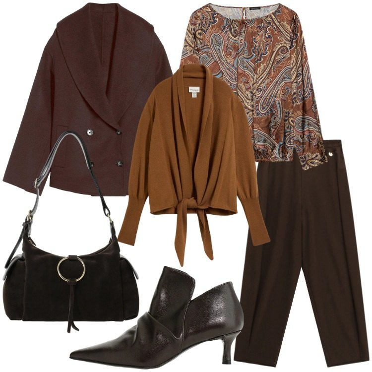 Outfit donna - Monocromo in marrone. Stile Casual chic per Ufficio. Abbinamento con bluse, stivaletti, pantaloni, borse a spalla, caban, cardigans.