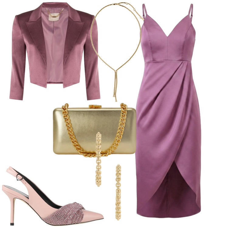 Outfit donna - Cerimonia. Stile Chic per Cerimonia. Abbinamento con clutch, collane, orecchini, vestiti asimmetrici, bolero, décolleté.