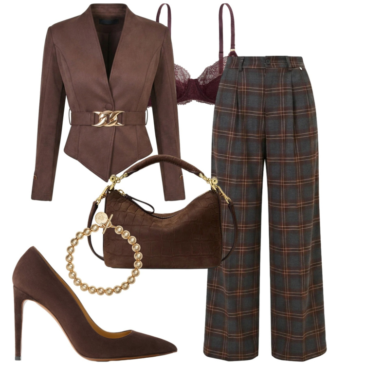 Outfit donna - Elegante in centro. Stile Glamour per Tutti i giorni. Abbinamento con décolleté, braccialetti, borse a spalla, reggiseni, pantaloni a palazzo, blazer.