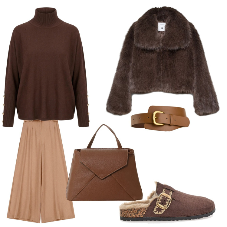 Outfit donna - Brown. Stile Casual per Tutti i giorni. Abbinamento con borse a mano, pantaloni a palazzo, pullovers, blazer, cinture, pantofole.