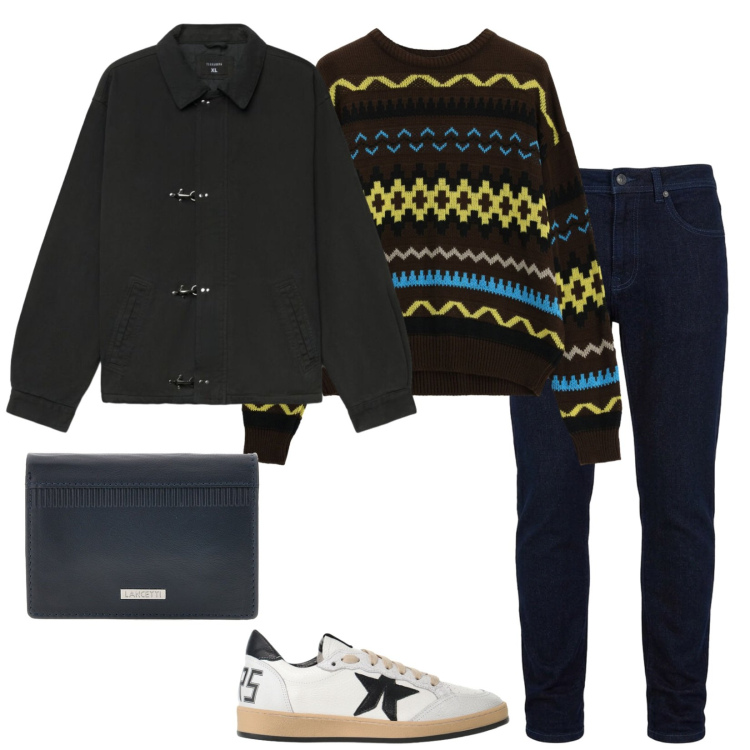 Outfit uomo - Serate fresche. Stile Casual per Tutti i giorni. Abbinamento con jeans slim fit, maglieria, sneakers, cappotti, portafogli.